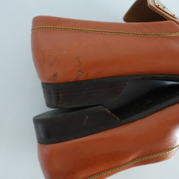 Louis Vuitton Tan Brown Orange Leather LV Gold Plaque Logo Square Toe Loafers - Picture 10 of 16